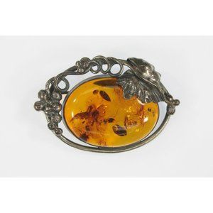 Vintage Sterling Silver Amber and Grape & Leave Brooch Pin 15g
